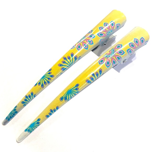 Updo Hair Clips Set of 2 Yellow With Blue Pink Peacock Print - Picture 1 of 5